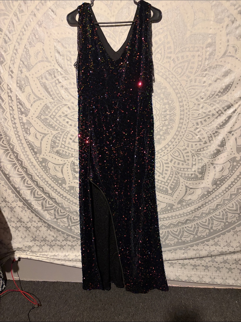 Vintage Rainbow Sequined Velvet Maxi Dress Beaded Shoulder Trim High Slit XL